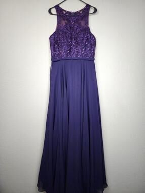 NWT $348 Clarisse 8025 Damask Eggplant Size 14 Maxi Dress